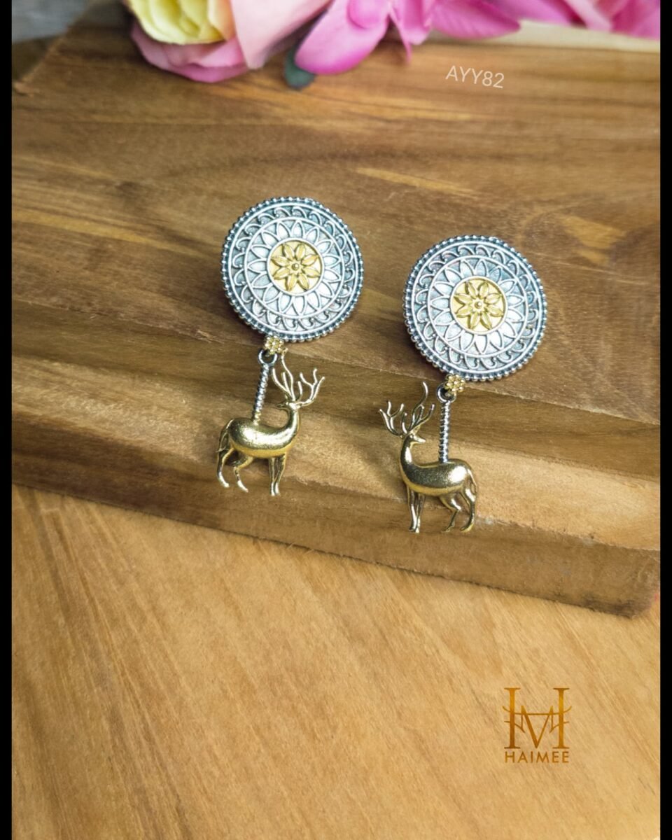 Elegant Dual Tone Mandala art Earrings with Deer Design