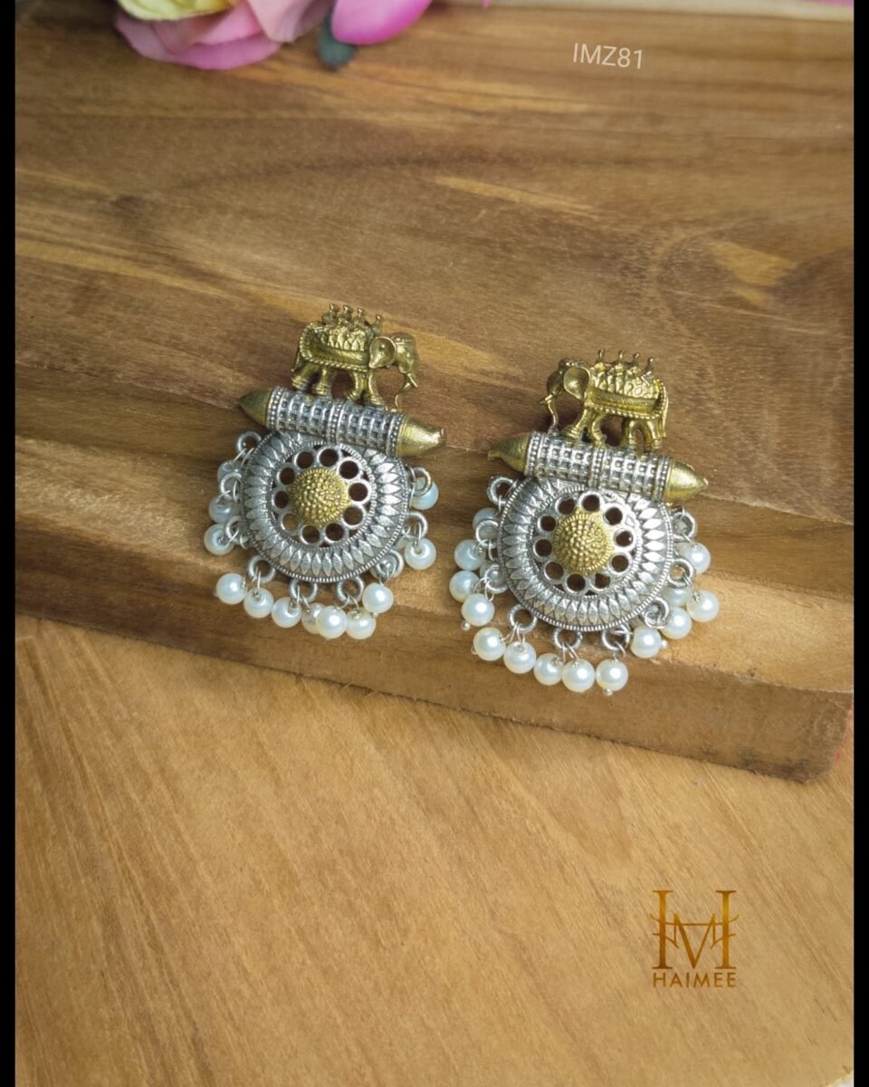 Unique Twin Tone Brass Made Earrings with Intricate Detailing & Elephant Motif