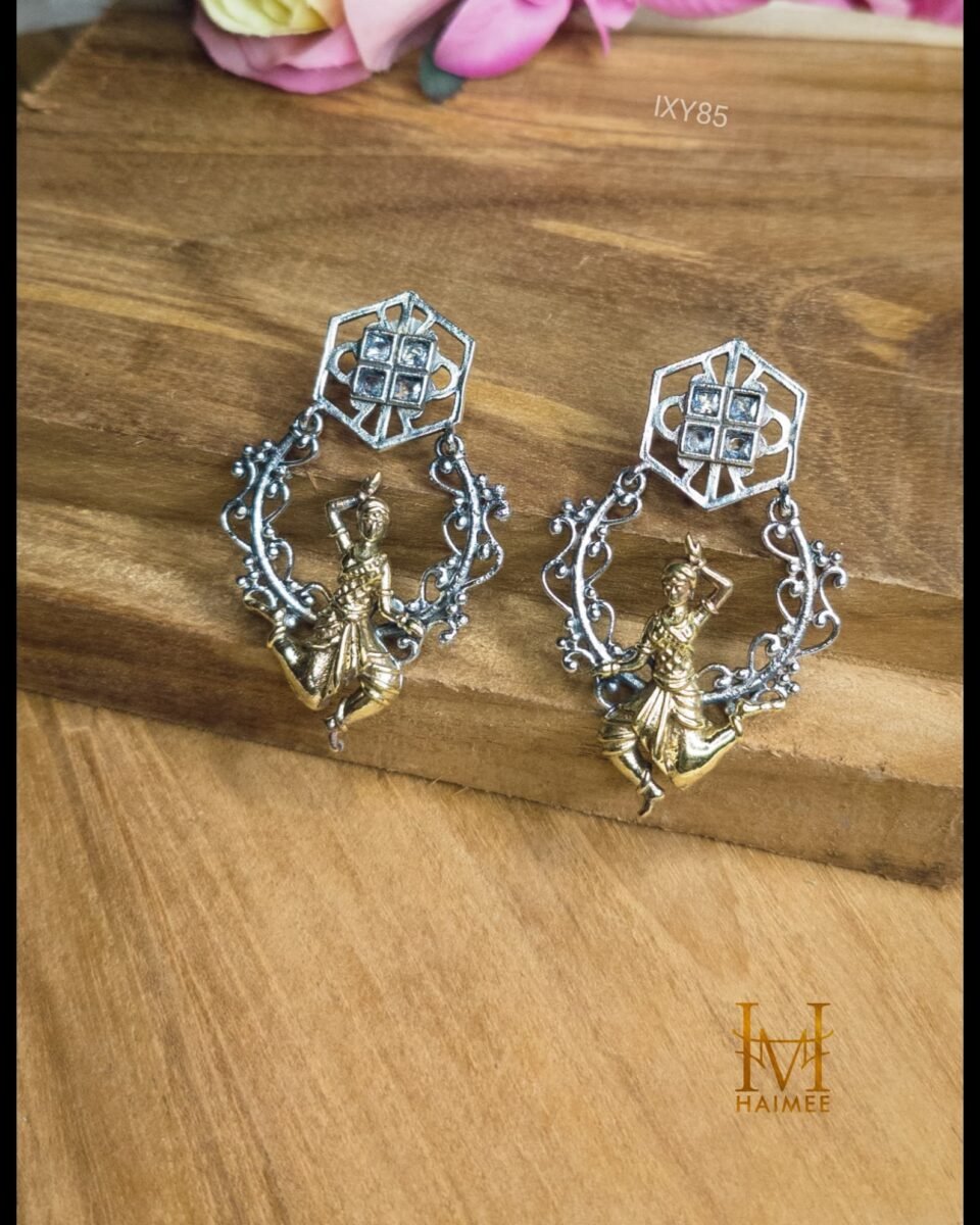 Dual Tone Brass Made Dancer Earrings with Intricate Frame - Unique Twin Tone Design (India)