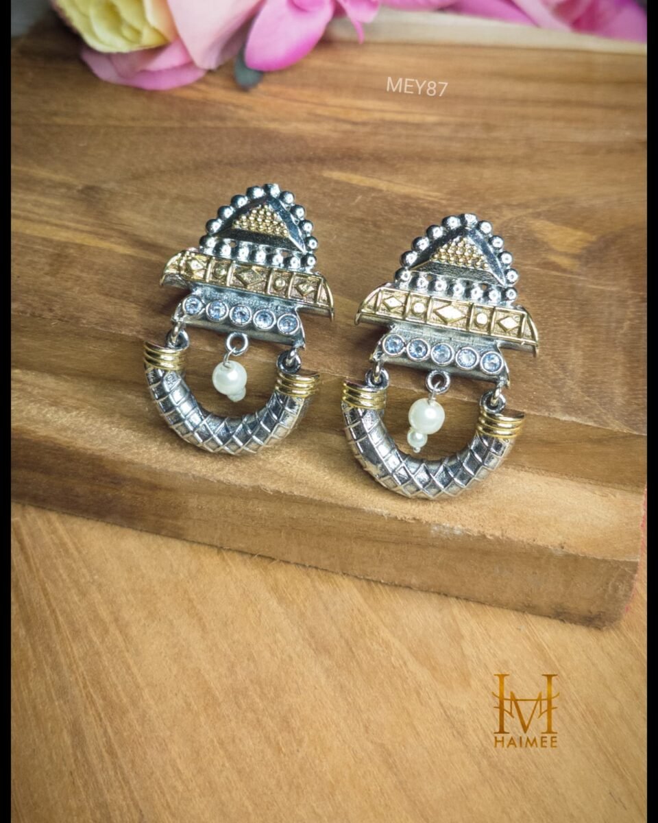 Dual Tone Brass Made Crescent Earrings with Pearl Drop - Unique Twin Tone Gold Plated Accents (India)