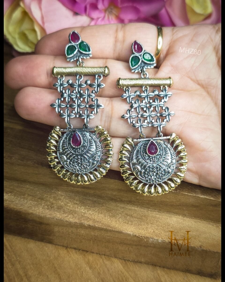 Dual Tone Oxidized Brass Made Dangle Earrings with Glass & Gold - Unique Twin Tone Indian Design