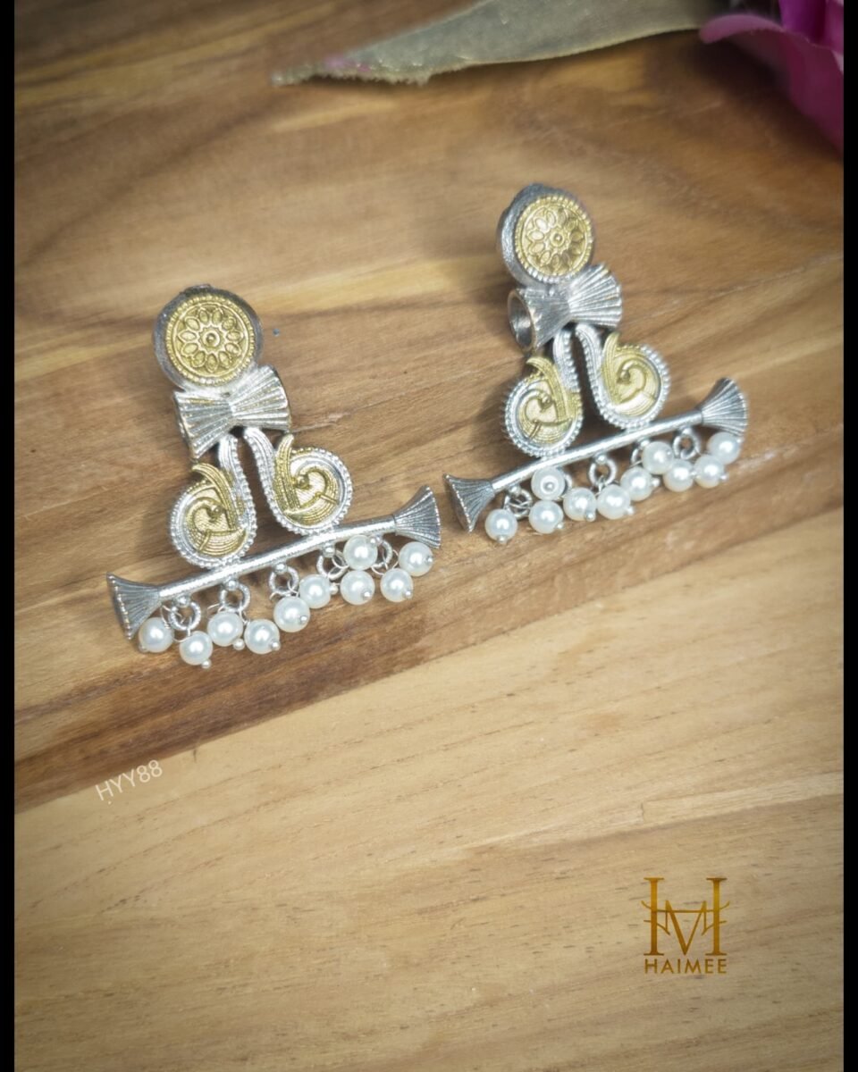 Buy Dual Tone Brass Made Dangle Earrings Online - Oxidized Silver, Gold Swirls & Pearls