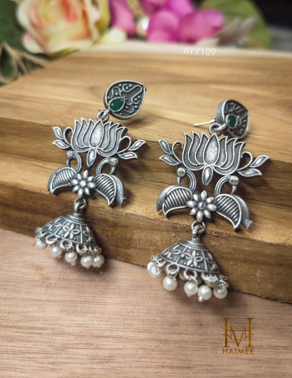 Brass Silver oxydised Drop earrings with lotus motif and pearl beads. Indian Traditional design earrings