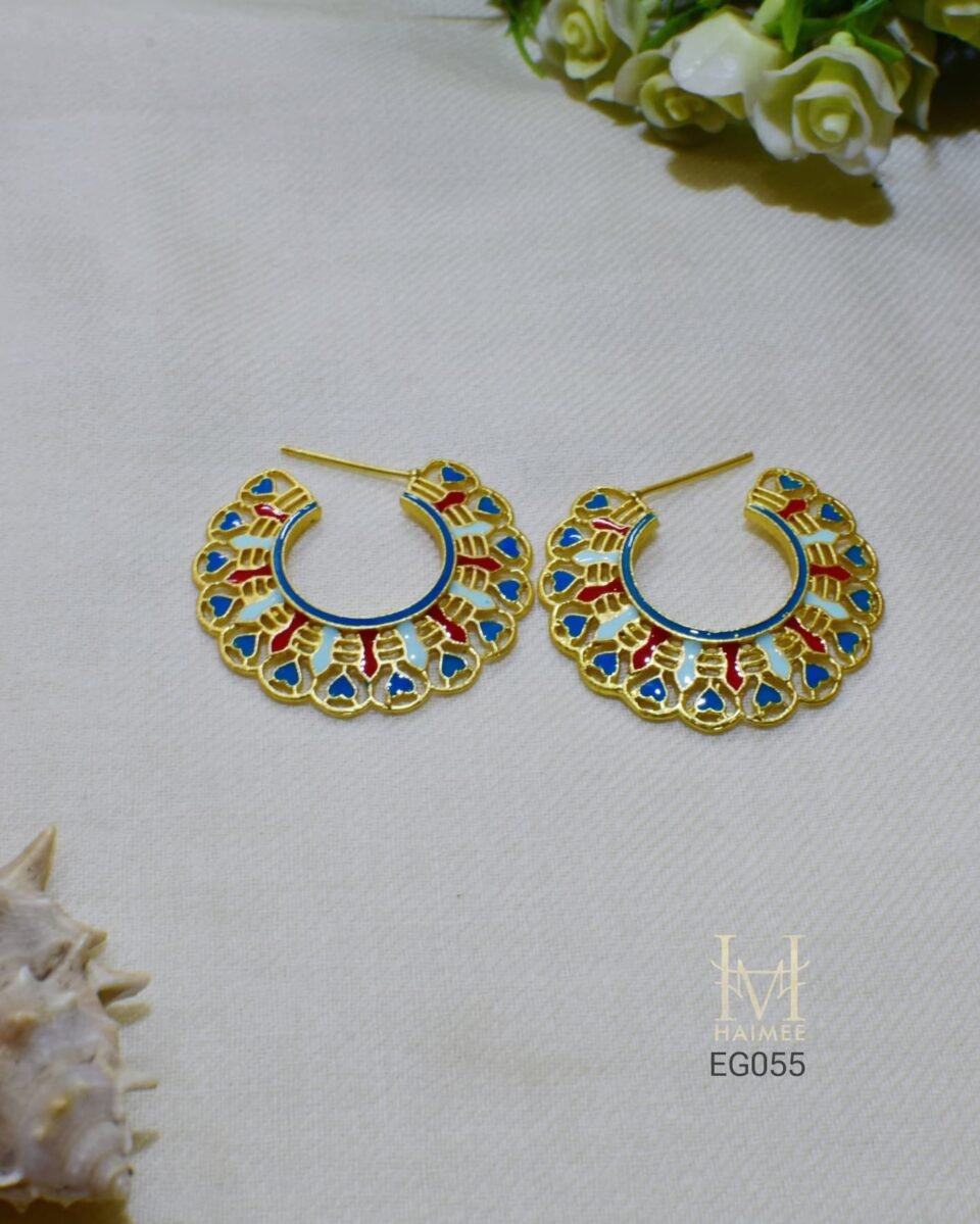Gold plated hoops, hand painted meenakari work in vibrant colours. Indian traditional Jewellery
