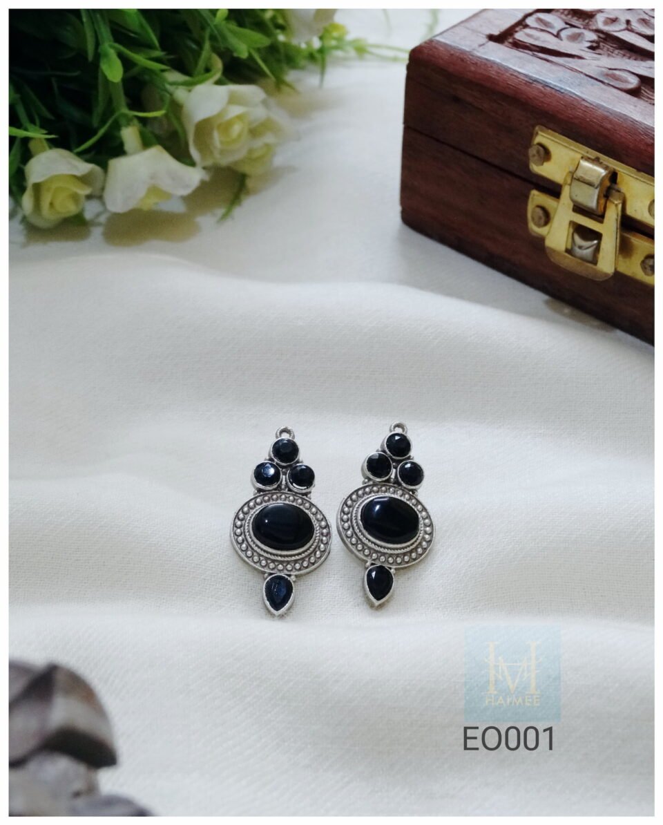 daily wear silver Oxidized studs with black monalisa stones. Indian traditional design