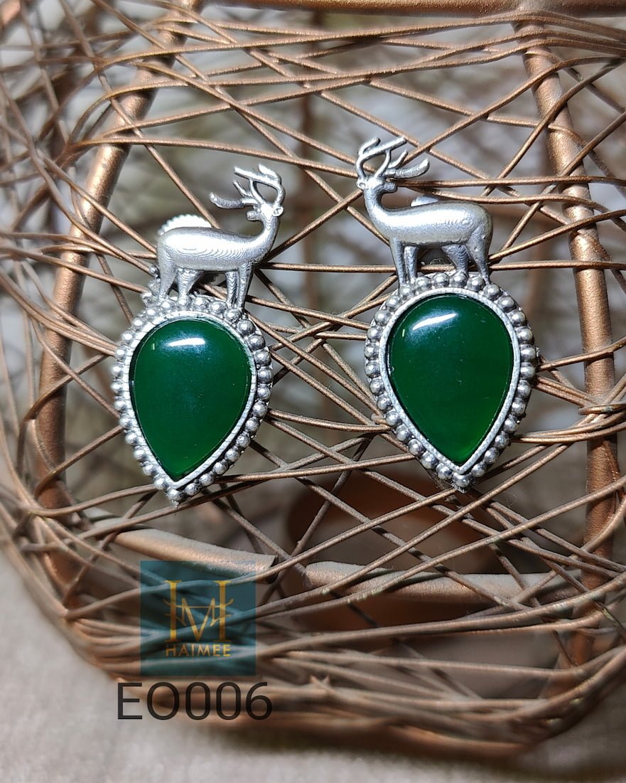 Deer Stud Silver Oxydized Stone Earrings - Traditional Indian Jewellery