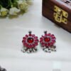 brass made silver oxydised earrings with red monalisa stone and small pearl beads