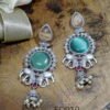 Long drop silver oxidised earrings with monalisa stones, with elephant motifs in Indian Traditional design jaipur jewellery