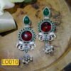 Long drop silver oxydised earrings made of brass with red green monalisa stones, with elephant motifs and pearl beads in Indian Traditional design jaipur jewellery