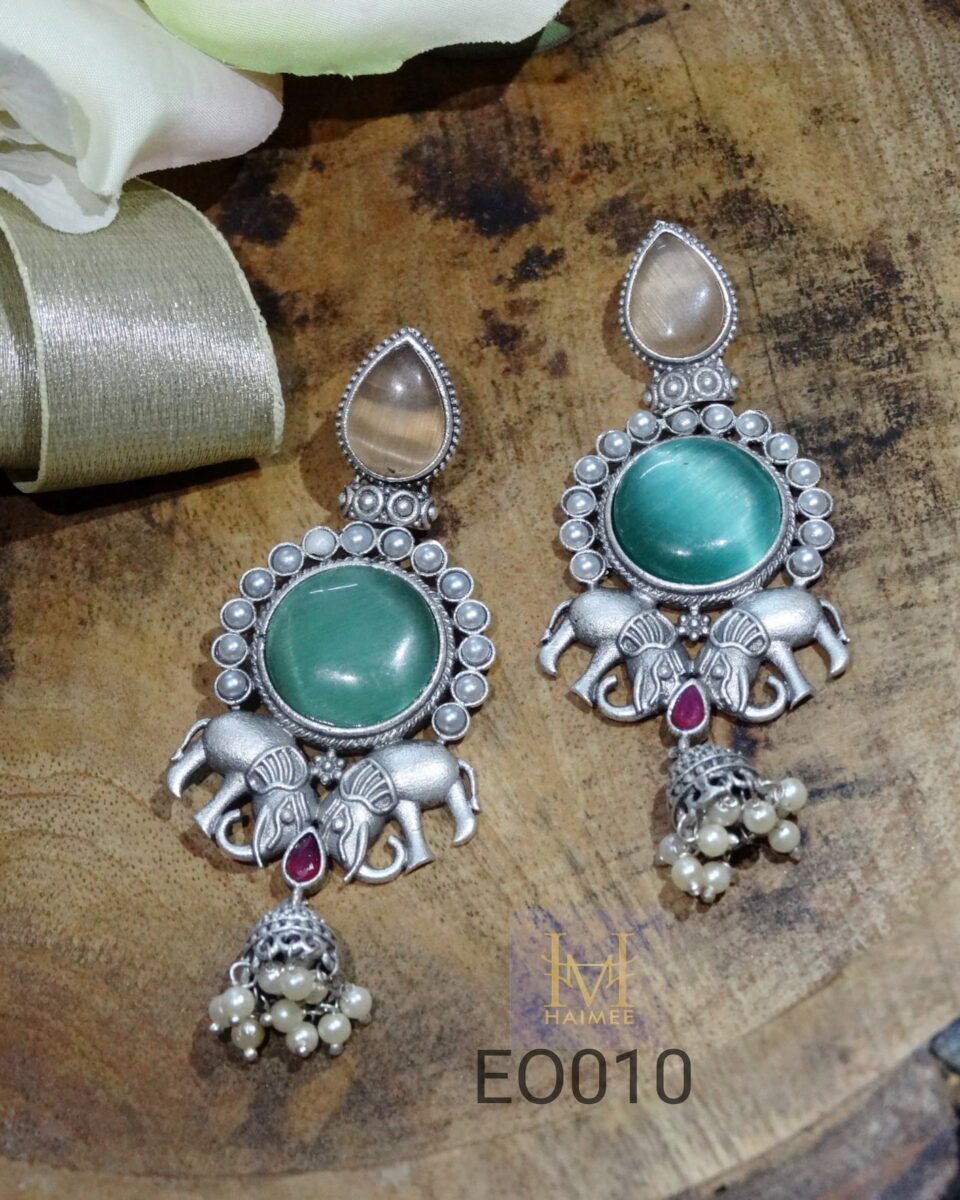 Long drop silver oxidised earrings with monalisa stones, with elephant motifs in Indian Traditional design jaipur jewellery