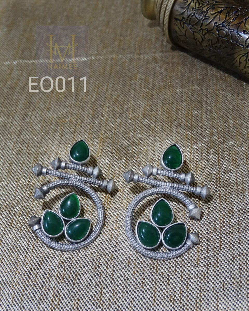 Circle shape Silver Oxydized earrings with green monalisa stone made of brass