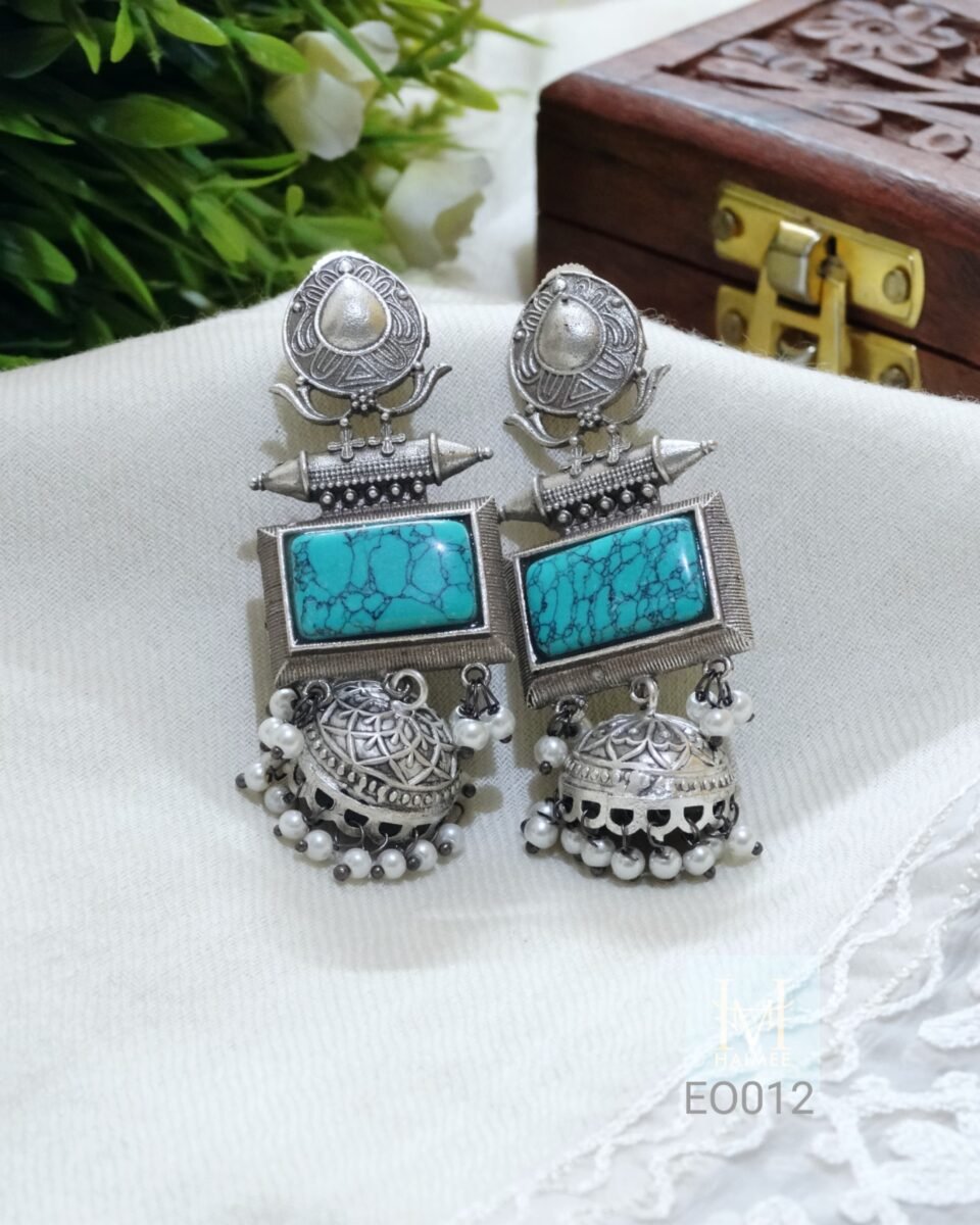 monalisa stone silver oxydised drop earrings made of brass in Indian Traditional design