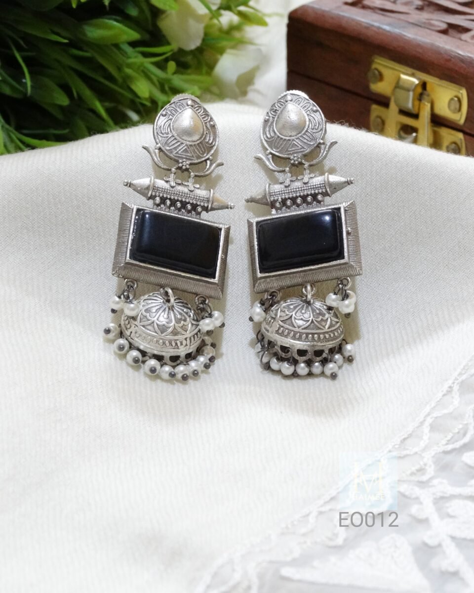 Black monalisa stone silver oxydized jhumka made of brass in Indian Traditional design