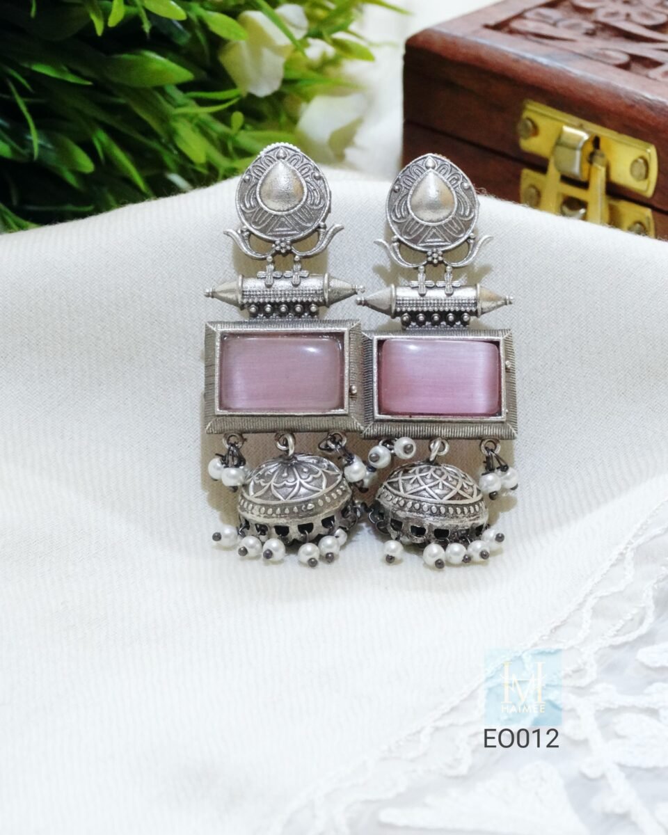 silver oxydised jhumka with pink monalisa stone, in Indian Traditional design