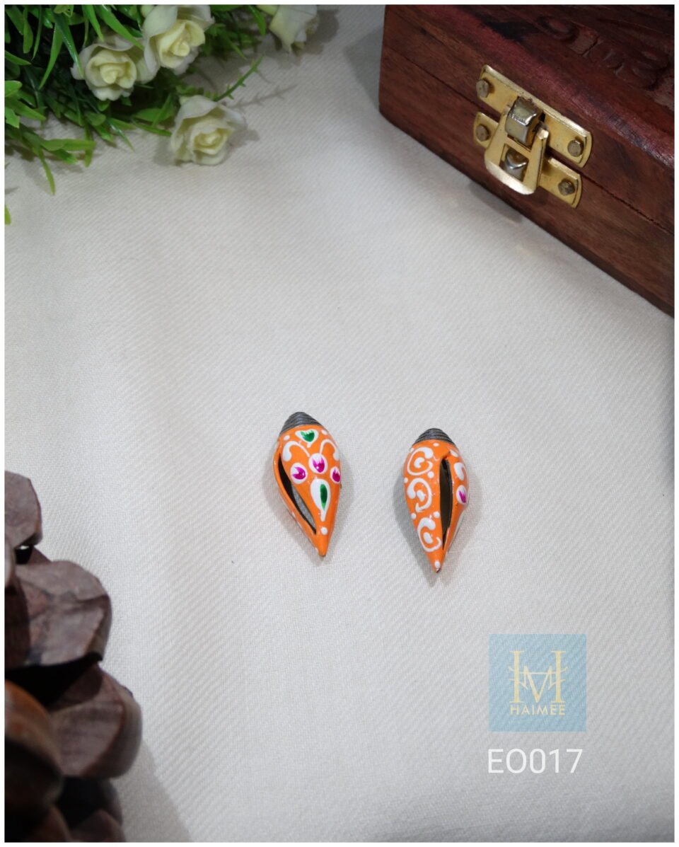 Hand painted meenakari work earrings, shankh shape, sea shell shape silver oxydised orange earrings