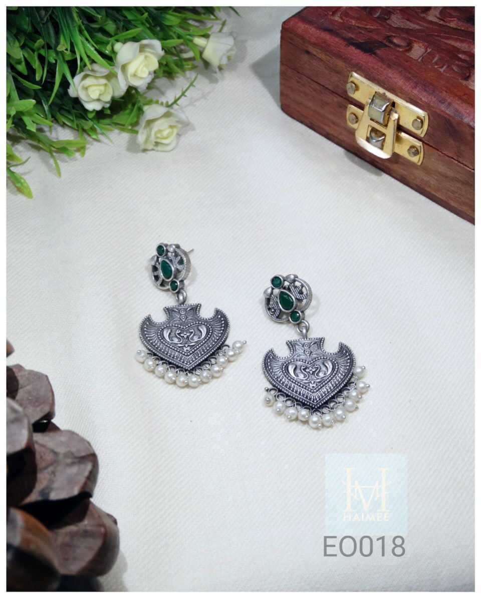 Silver Oxydised heart shape pearl drop earrings with small green stones