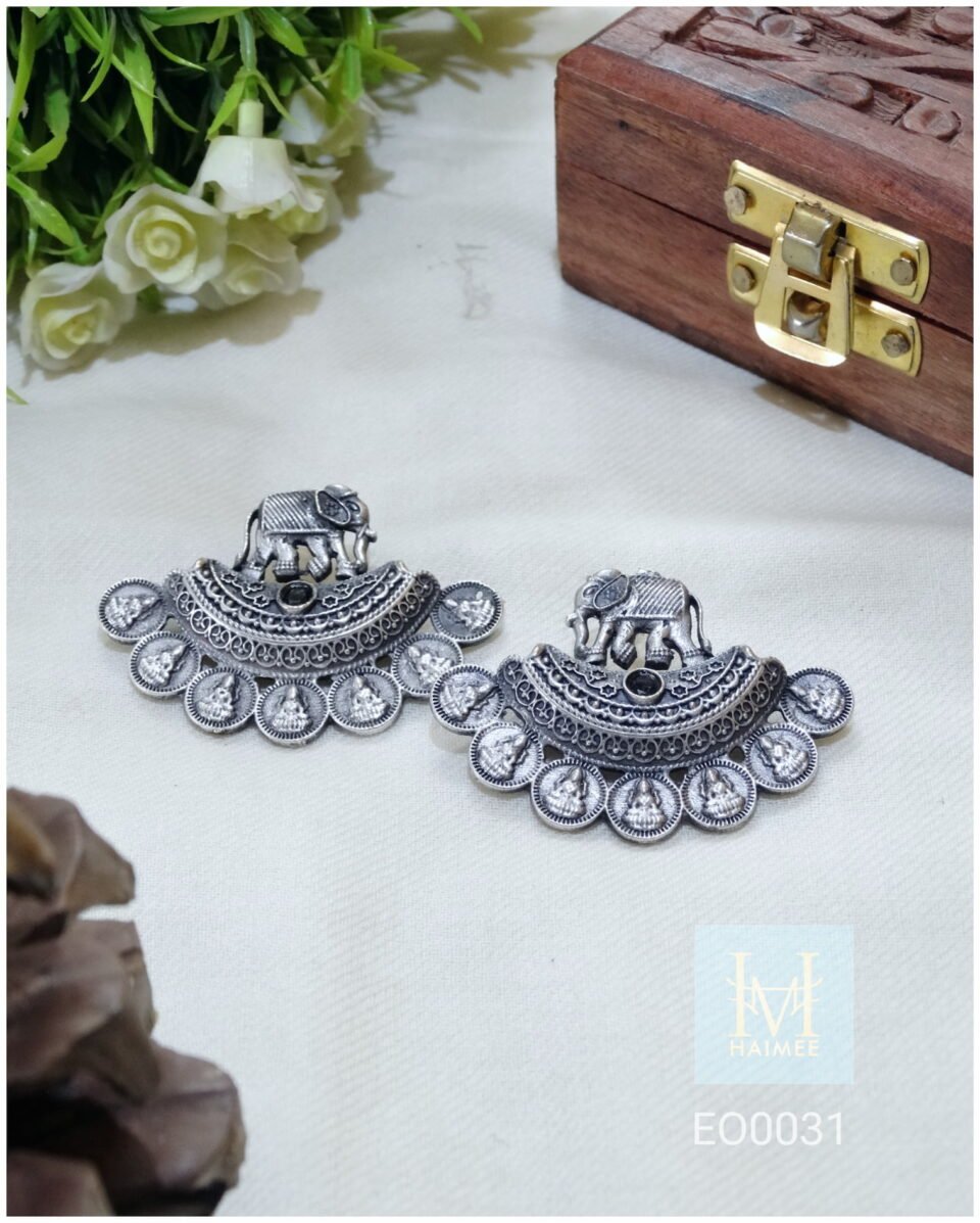 Traditional design Silver Oxidised earrings made of brass, elephant motif