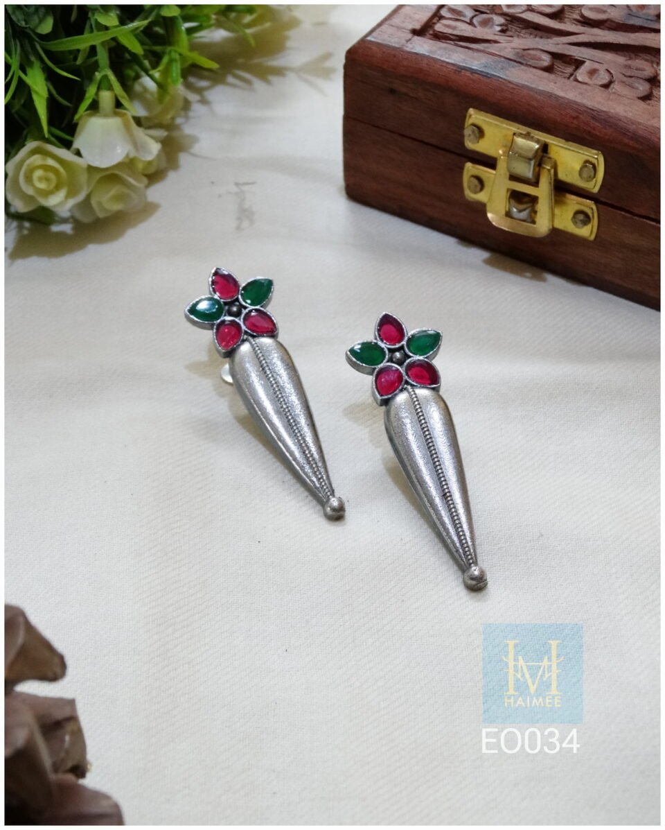 Brass Silver Oxydised long earrings with flower motif and stones