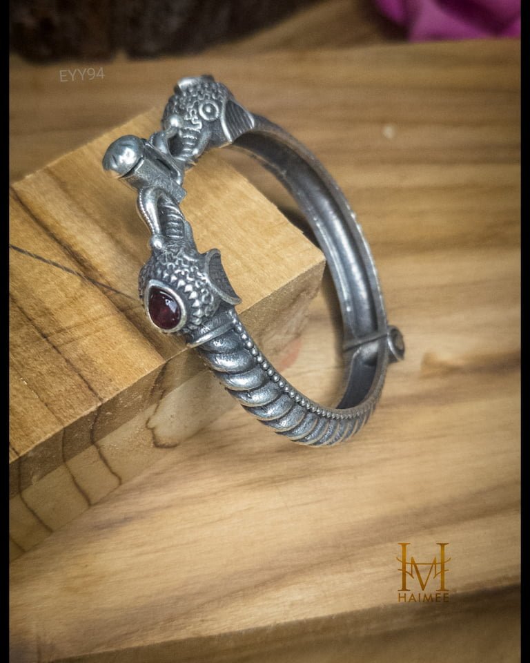 Mythical Makara Oxidised Silver Bangle with Ruby Accent