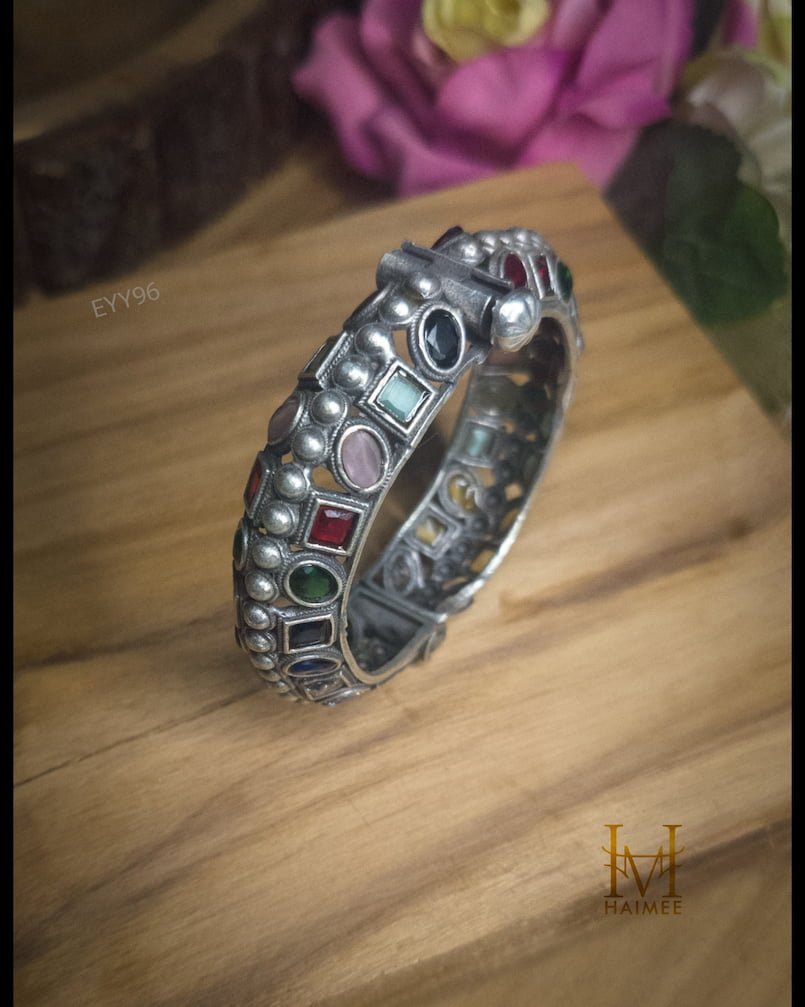 Openable Silver Oxidized Bangle with Colorful Gemstones
