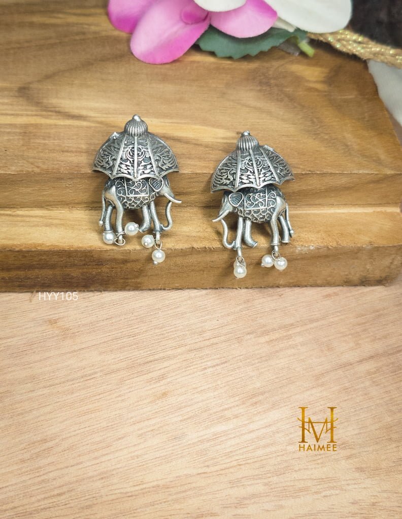 Elephant Motifs Earrings with small beads Silver Oxydized Jewellery