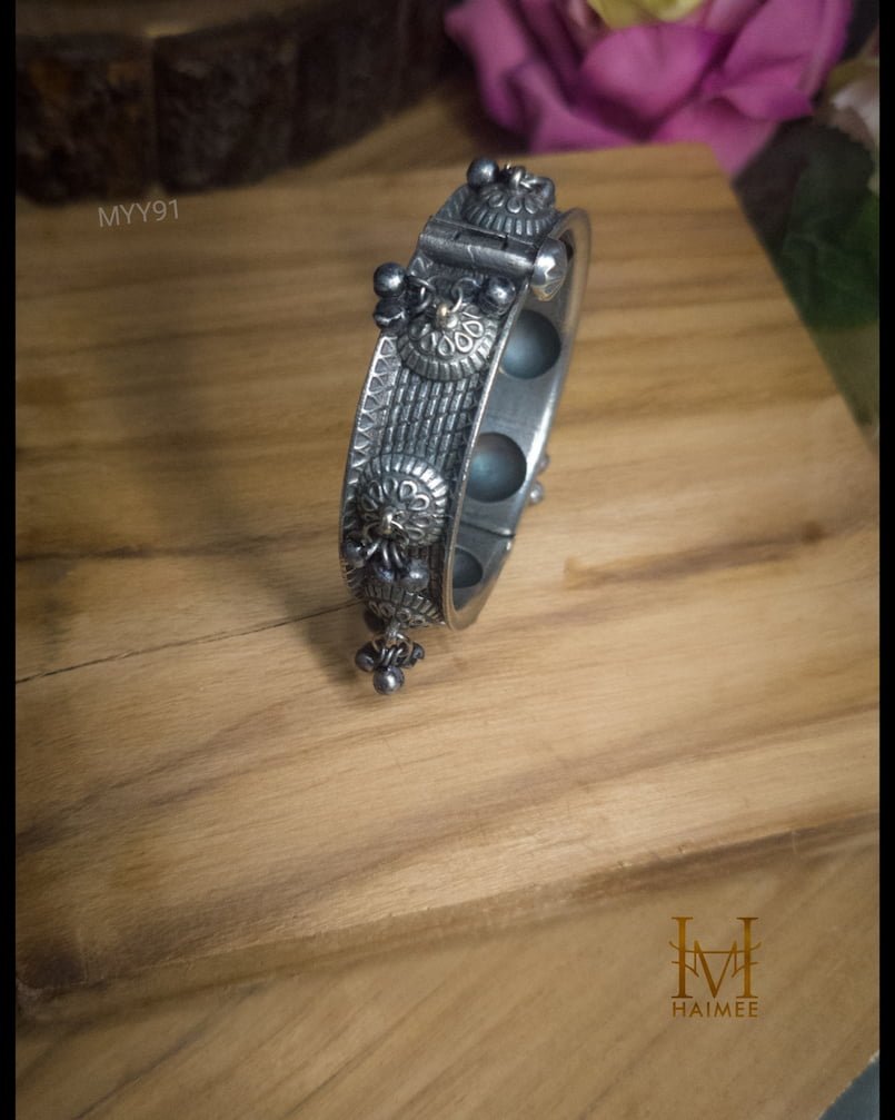 Oxidised Silver Hinged Bracelet with Floral Motifs | Vintage Look Indian Jewellery