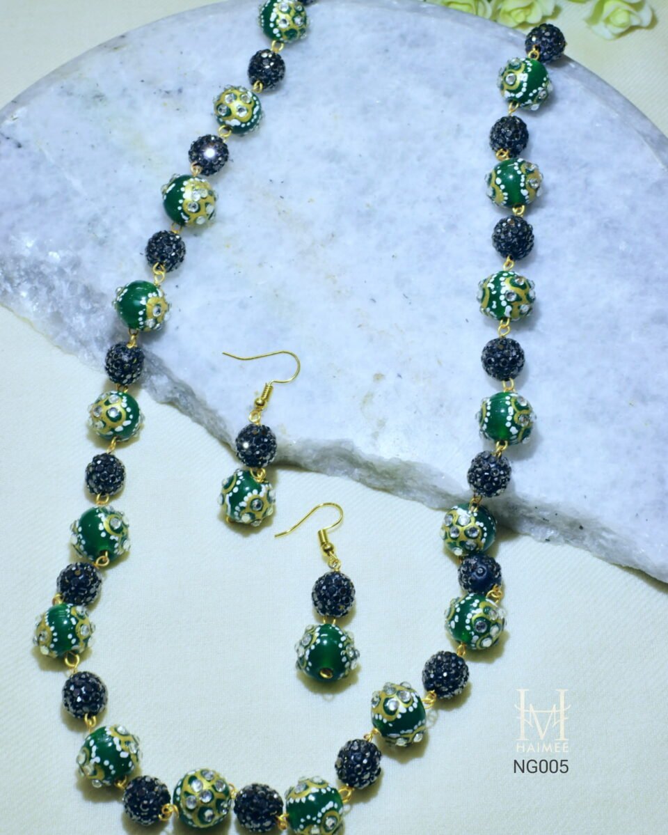 Premium green and black CZ stone necklace for ladies with matching earrings, perfect for elegant and affordable fashion.