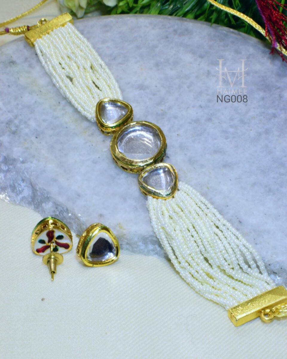 Royal Kundan and Pearl Choker Necklace Set with traditional Indian design, perfect for pearl necklace purchase.