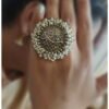 Silver Oxydised adjustable ring with Garjra moti work on a hand