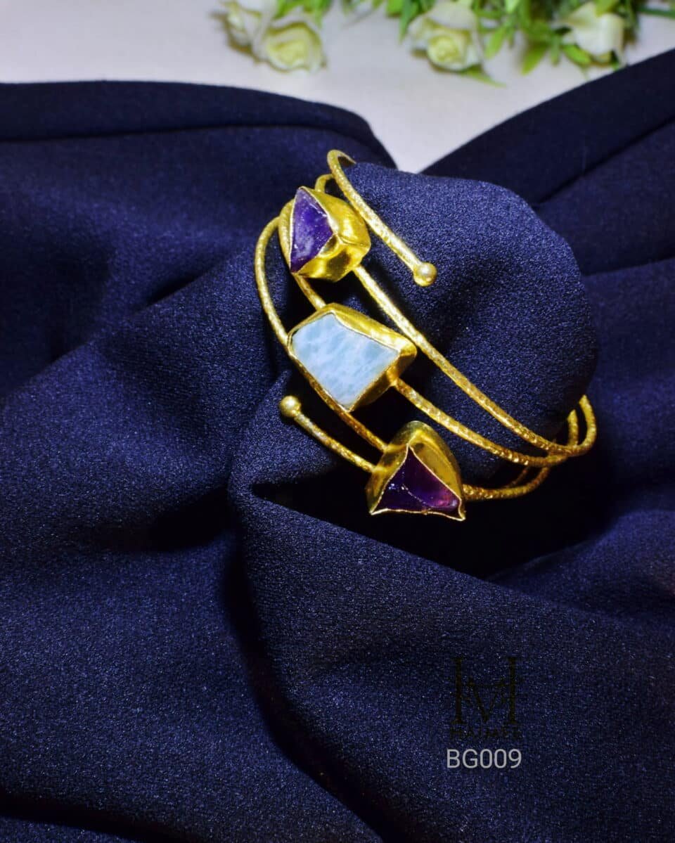 Affordable Premium Treated Raw Stone Gold Plated Brass Cuff Bracelet - Elegant Adjustable Design