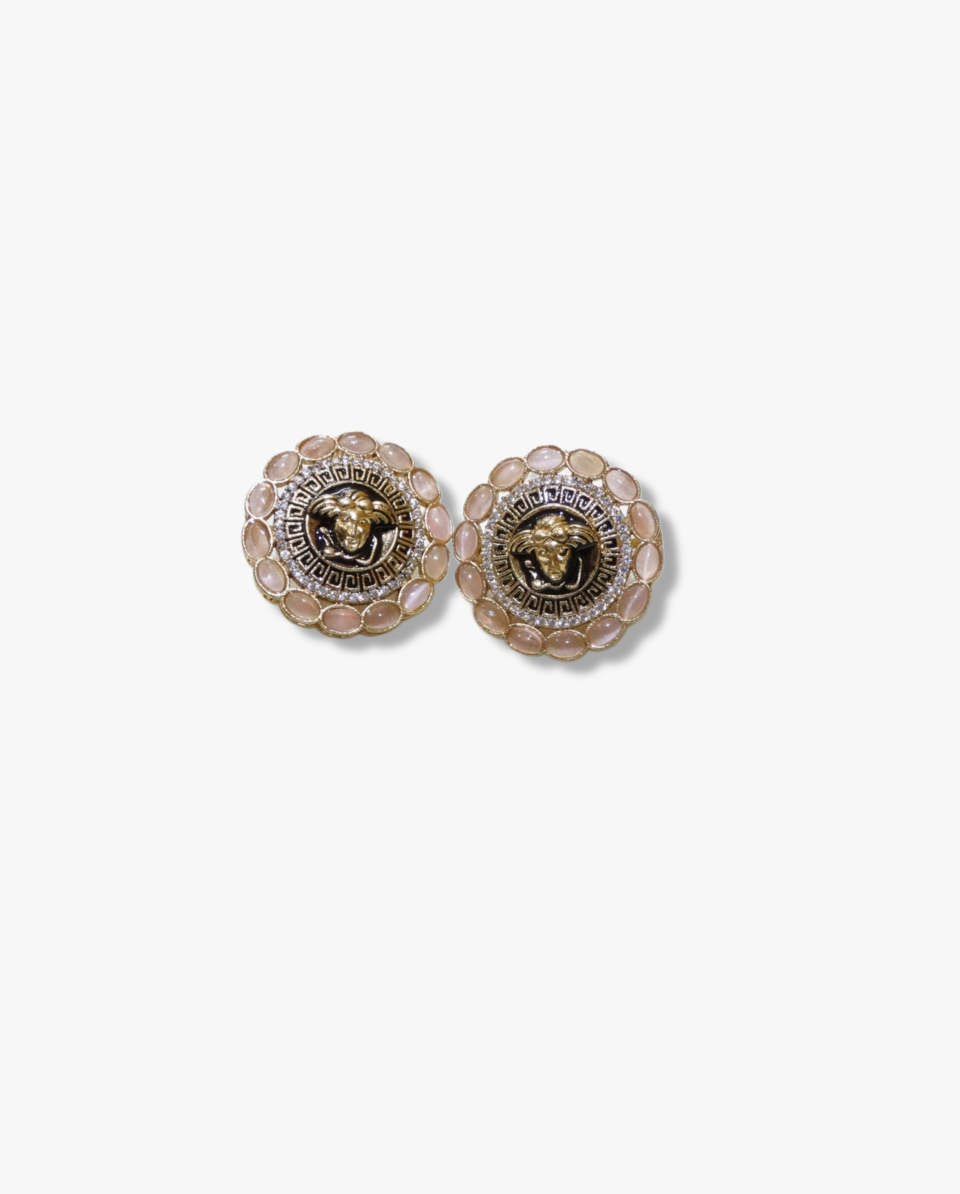 Luxurious Gold Plated Medusa Studs with Crystal & Pearl Border | Designer Statement Earrings