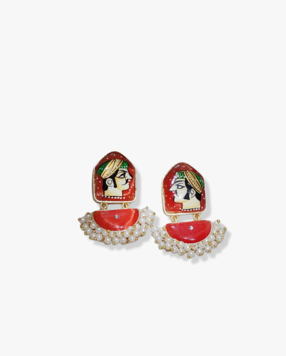 Lightweight Hand Painted Ethnic Art Earrings - Gold Plated, Simulated Pearls