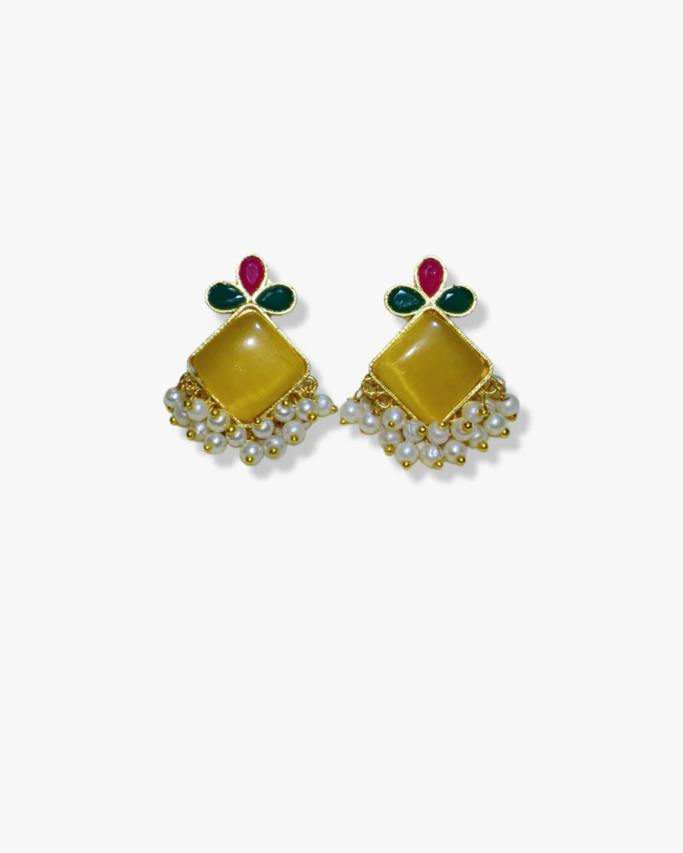 Gold Plated Monalisa Stone & Simulated Pearl Ethnic Drop Earrings | Traditional Jewellery