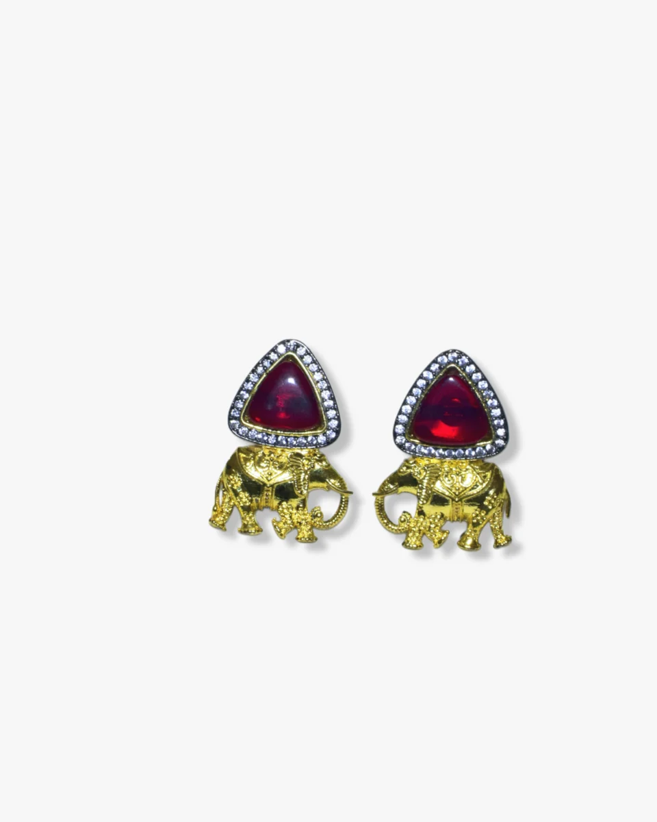 Royal Gold Plated Elephant Studs with Ruby Toned Crystal | Traditional Indian Jewelry