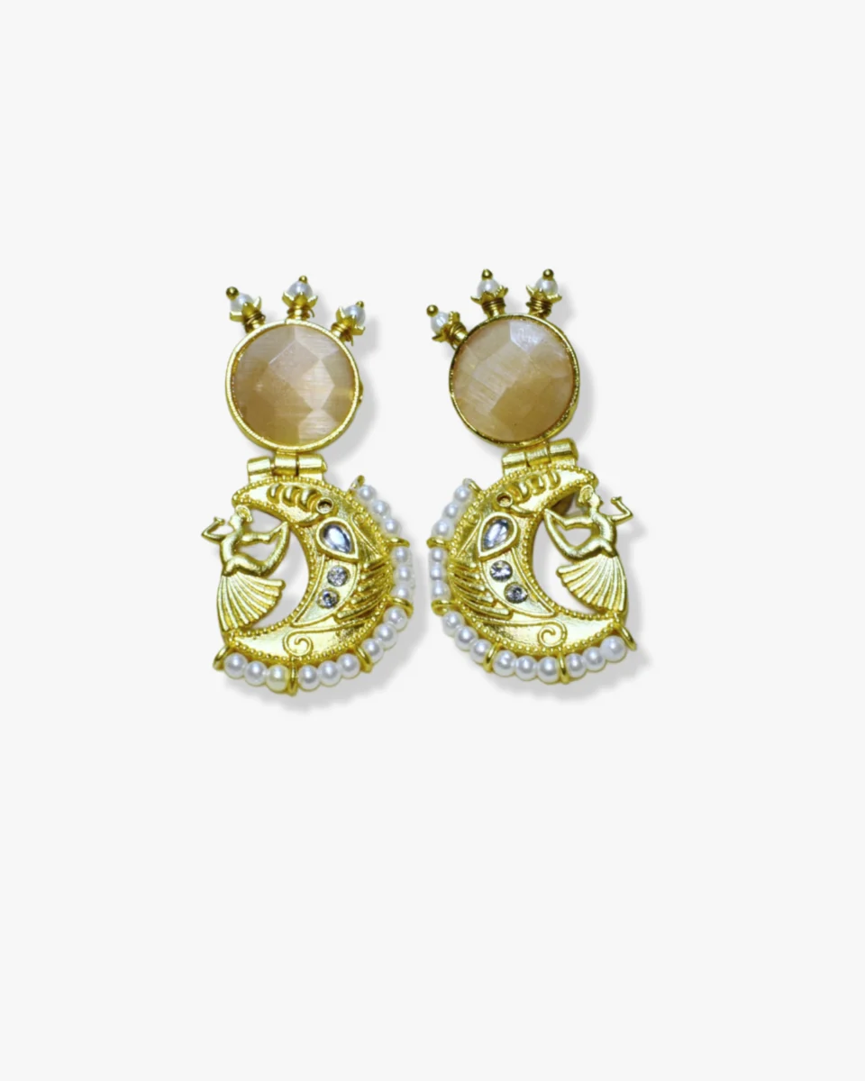 Intricate Gold Plated Brass Earrings with Lady & Crescent Motif
