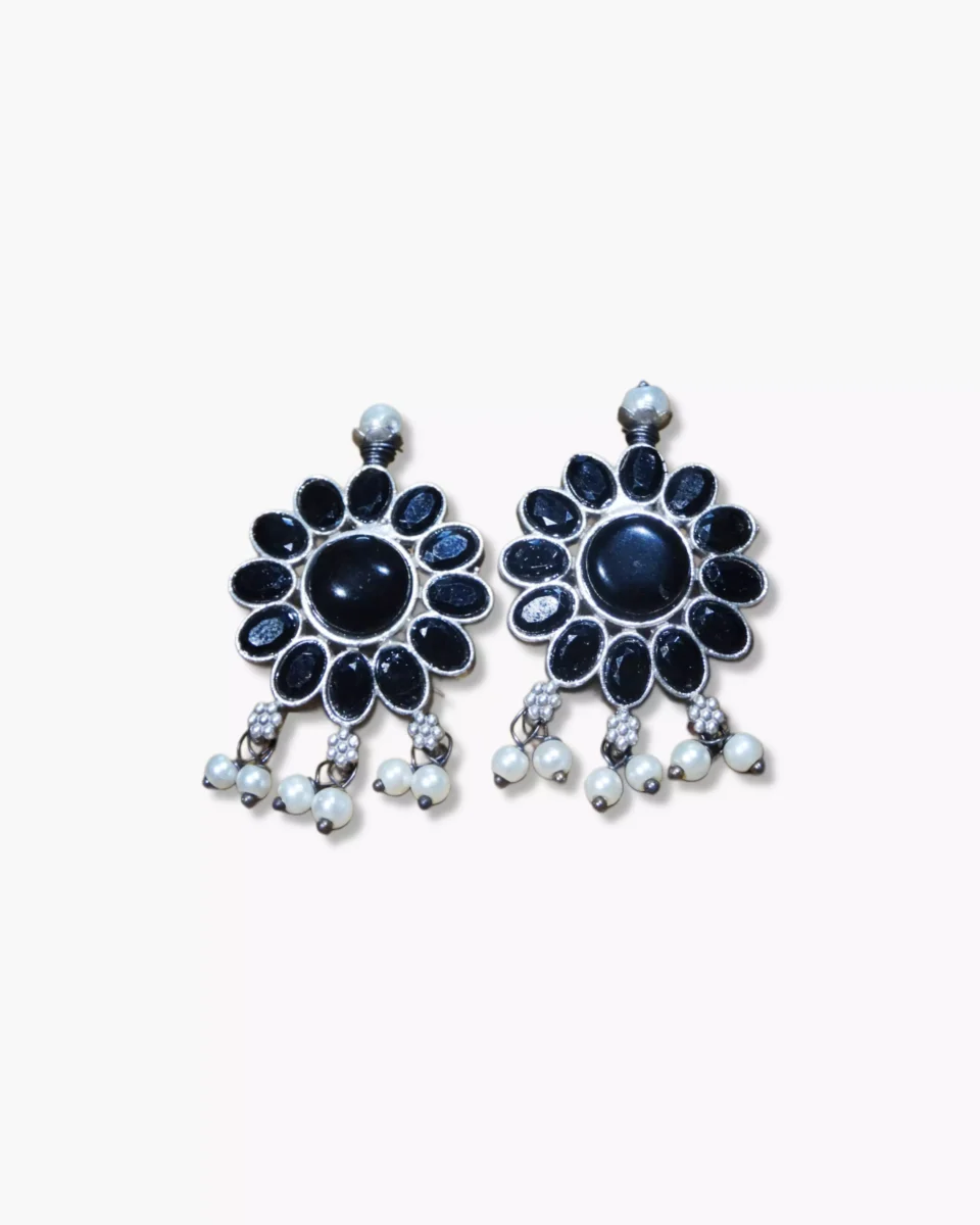 Floral Silver Oxidized Earrings with Pearl Drops - Traditional Indian Jewellery