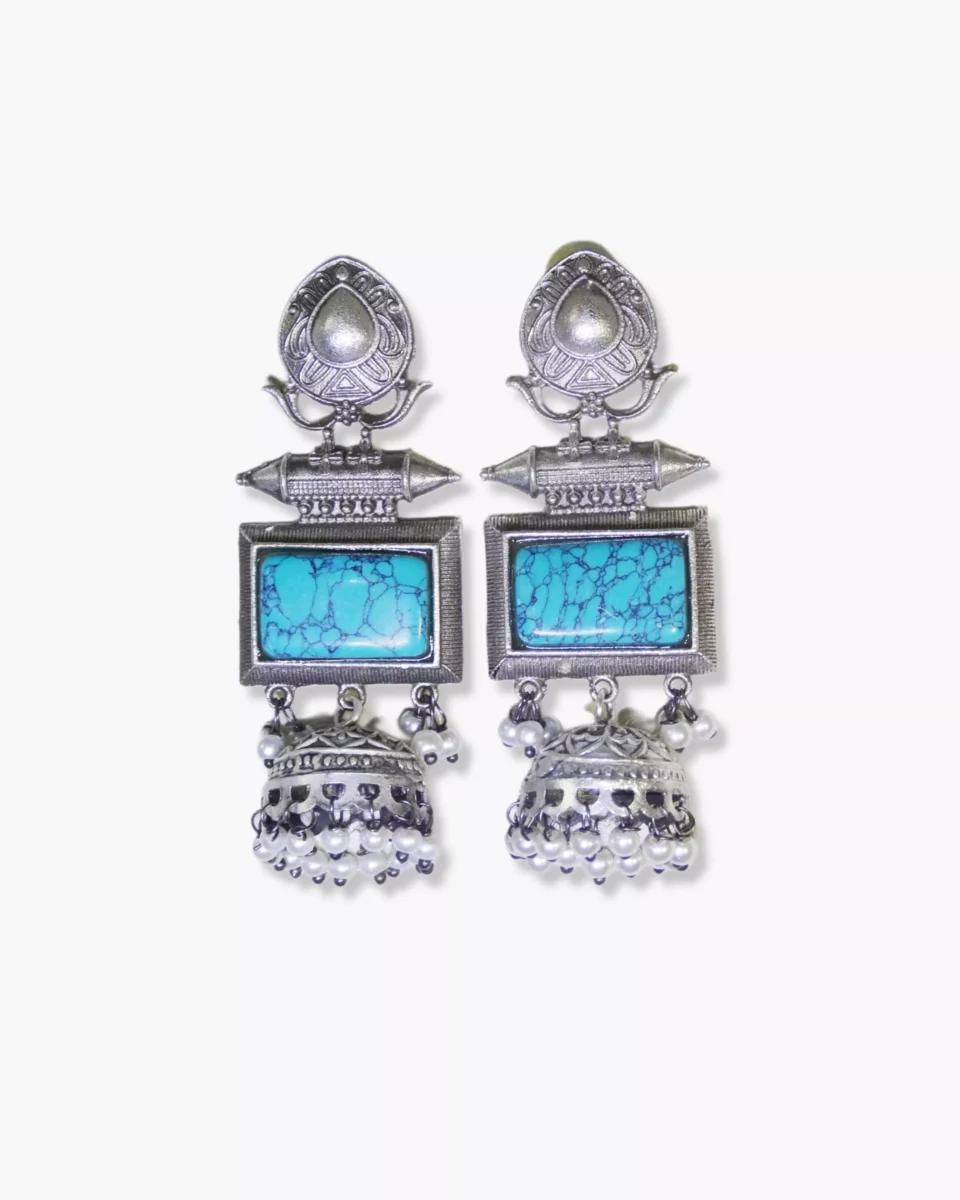 Silver Oxydised Jhumka Earrings with Stone and Pearl - Traditional Indian Jewellery
