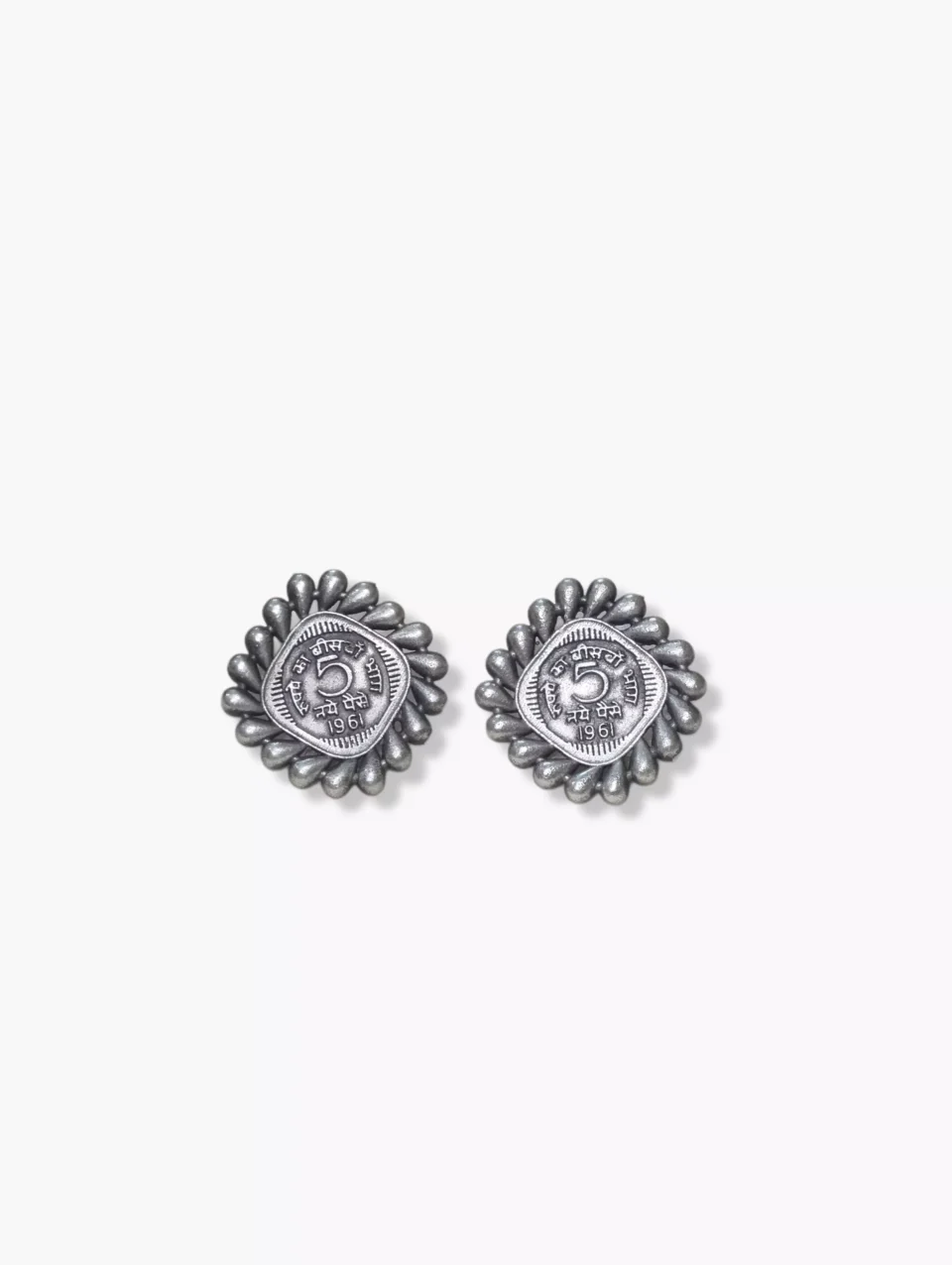 Silver Oxidised Vintage Coin-Inspired Stud Earrings - BUY ONLINE