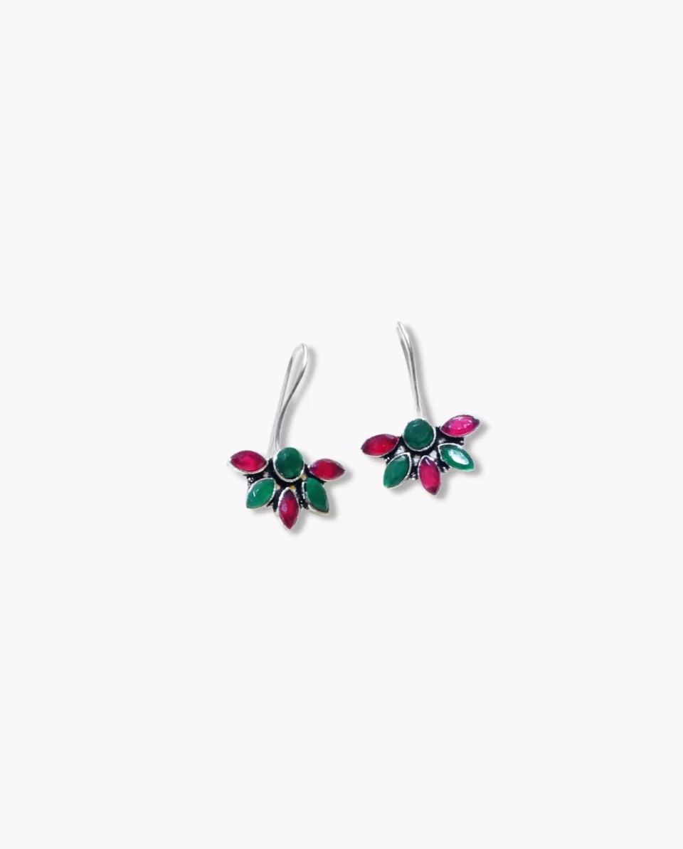 Elegant Silver Oxydized Floral Earrings with Ruby and Emerald Stones
