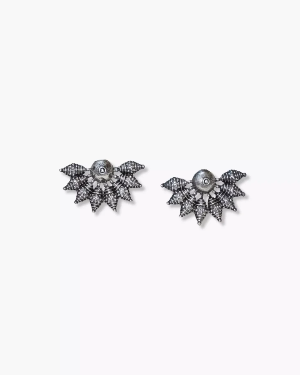 Antique Silver Oxidised Tribal Sun Studs - Authentic Indian Traditional Jewellery