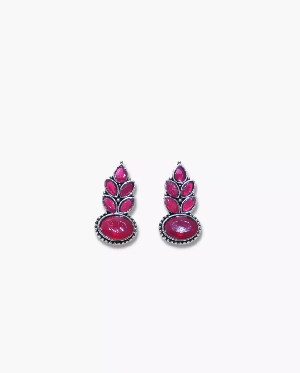 Silver Oxidised Ruby Leaf Stud Earrings - Traditional Indian Jewellery Collection