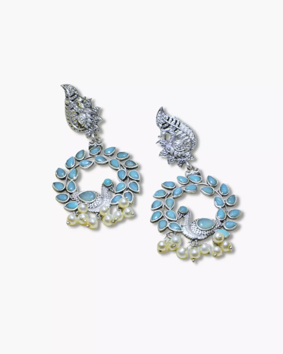 Elegant Blue Chandbali Silver Oxidized Earrings with Pearl Drops | Traditional Indian Jewelry