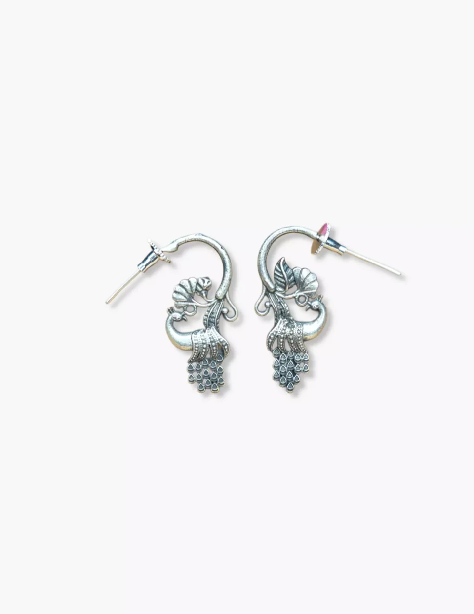 Oxidized Silver Peacock Hoop Earrings