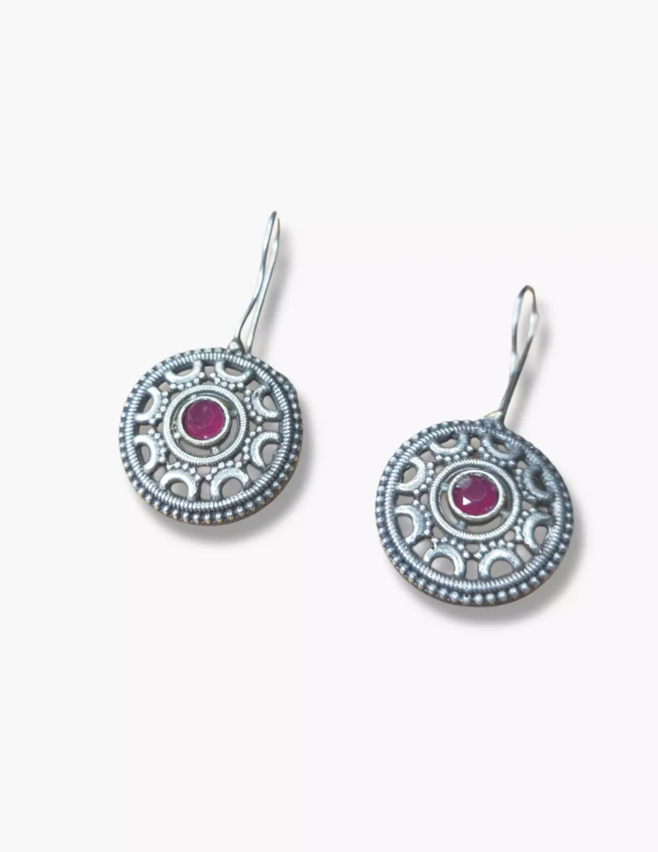 Silver Oxidized Earrings with Ruby Stone Accent in Ethnic look