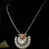 Silver oxydised temple jewelry necklace with engraved brass pendant and orange lab stone cabochon