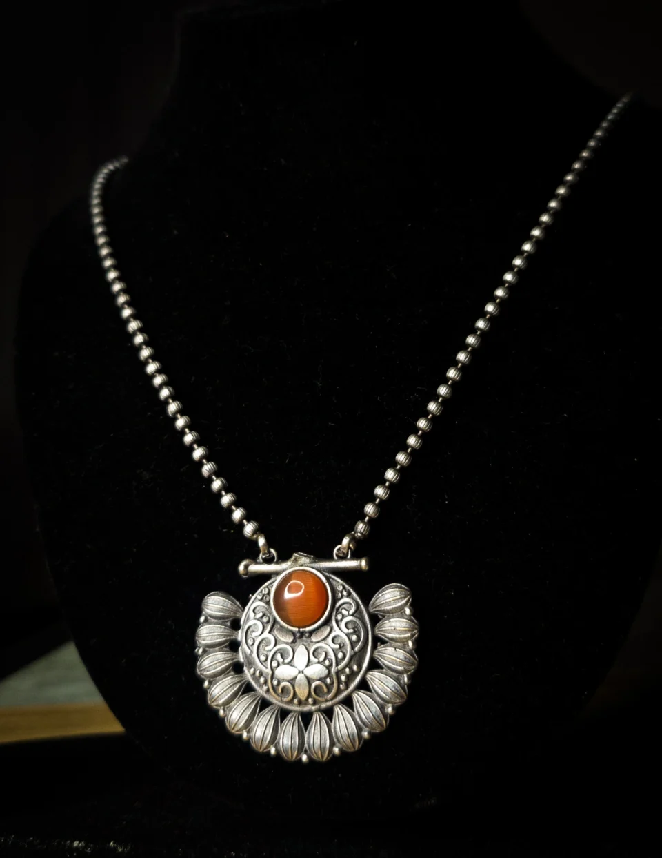 Silver Oxydised Temple Jewelry Necklace — Brass Pendant with Orange Cabochon