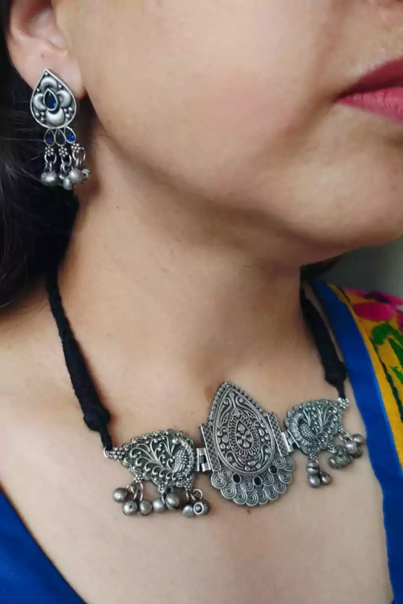 Silver Oxydised Temple Jewelry Choker — Brass Peacock Pendant with Blue Accents & Jhumka Earrings