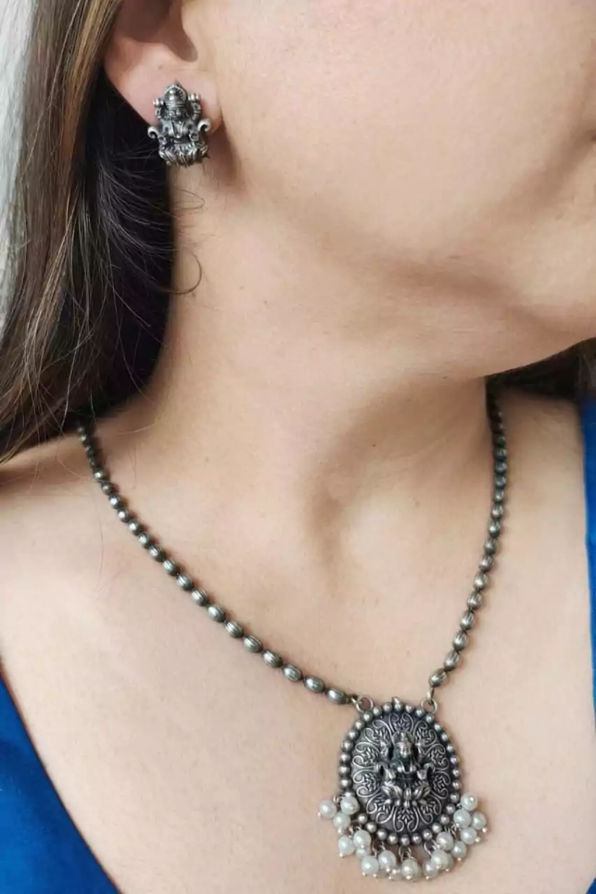 Silver Oxidised Brass Necklace Set with Luxmi Pendant & Earrings