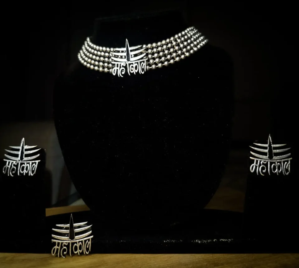 Mahakal Silver Oxidised Choker Set with Earrings & Ring | Brass Base